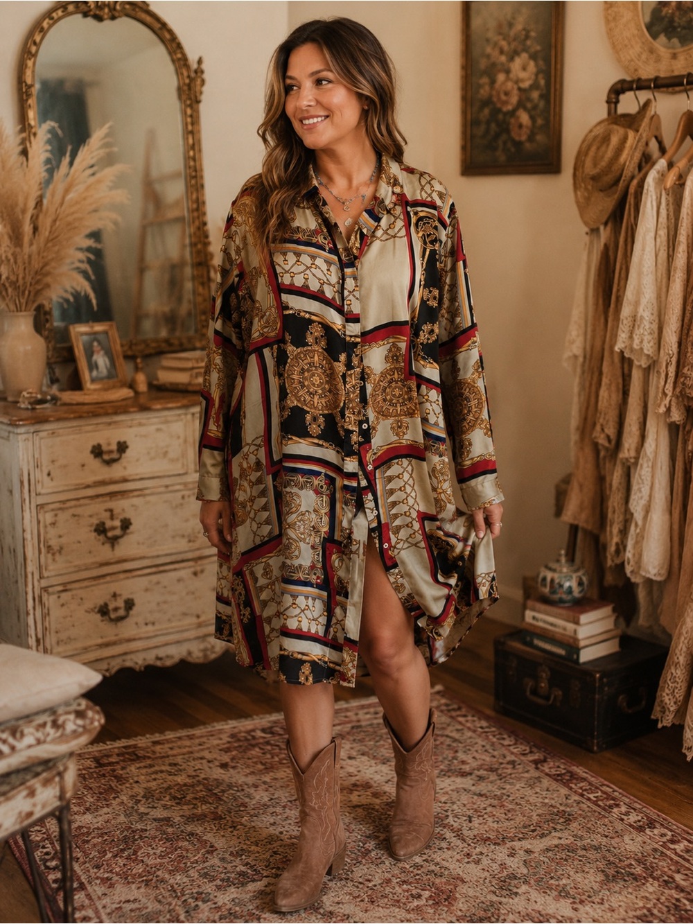 NWOT - 20 - Boohoo Gold and Black Patterned long Shirt/dress